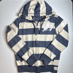 American Eagle Hoodie Mens L Striped Vintage Fit Full Zip Fleece Sweatshirt Y2K
